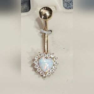 10k Yellow Gold Opal & CZ Heart Belly Button Ring